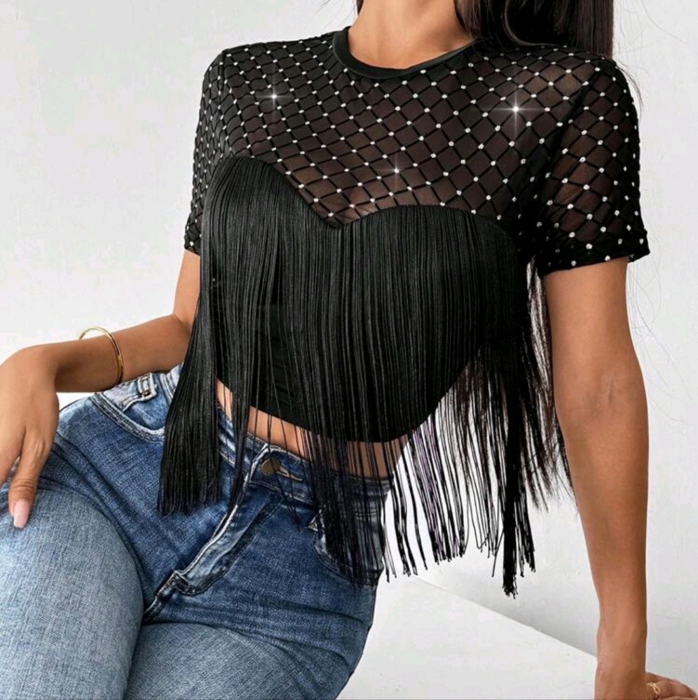 Women's Shimmer Fringes Sexy Cropped Top - Picture 4 of 5